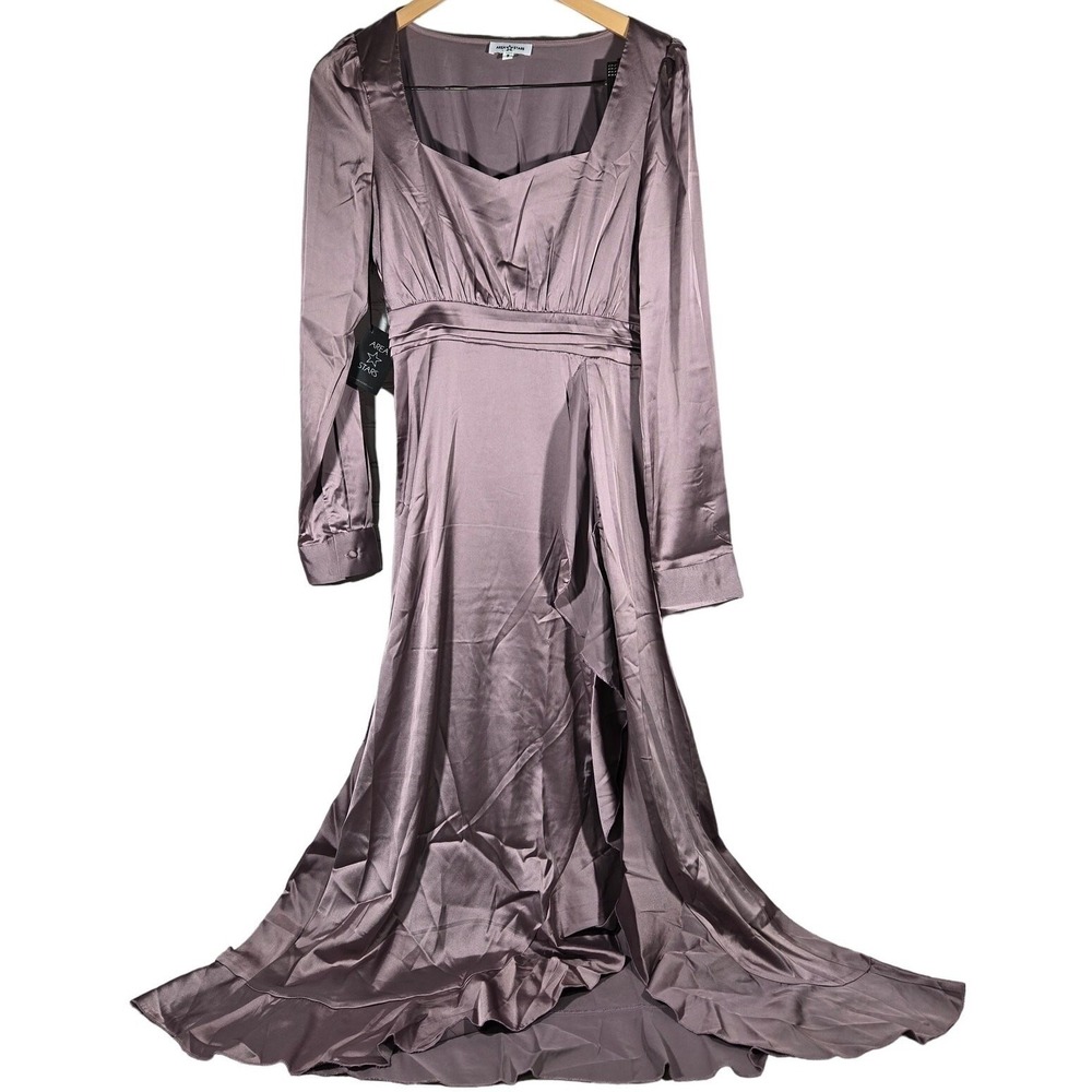 AREA‎ STARS Lavender Satin Ruffle Slit Long Dress Square Neck Long Sleeve S
